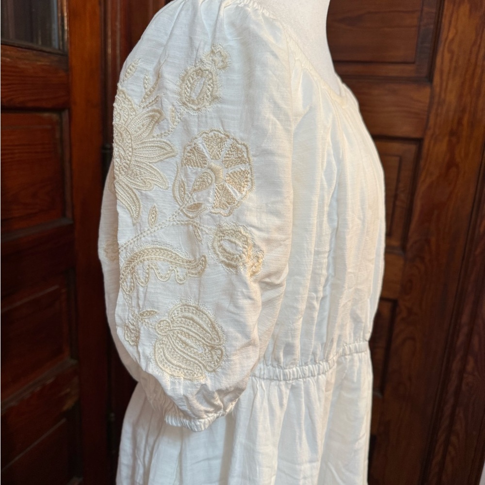 White Off-Shoulder Dress With Embroidered Sleeves- boho festival vacation